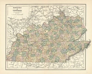 VINTAGE State Map - KENTUCKY & TENNESSEE - Ca. 1910 - 8 1/2 x 12 inches - Picture 1 of 1