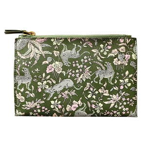 J. CREW Leather Clutch Olive Green Floral & Leopards Print Zip Top 8.25  x 5.5" - Picture 1 of 11