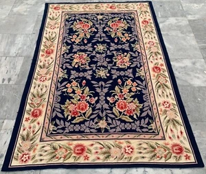 Vintage Handmade Aubusson Rug French Style Chain Stitch Needlepoint Rug 4x6 ft - Picture 1 of 9