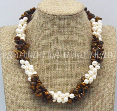 Collar de cuentas gemas de ojo de tigre amarillo perla blanca natural de 3 filas de 7-8 mm 18"" Foto 1 de 3