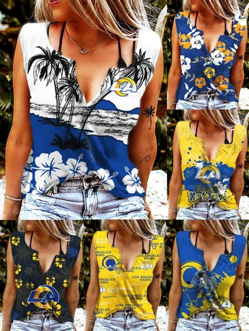 Los Angeles Rams V-neck T-shirts Ring Hole Sleeveless Tank Tops Summer Vest Gift Cover