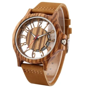 Unique Hollow Arabic Dial Quartz Wood Watch Wooden Case Leather Strap Wristwatch - Picture 1 of 16
