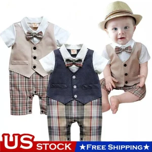 Infant Baby Boy Gentleman Outfit Bow Tie Romper Tops Party Jumpsuit Clothes - Picture 1 of 13