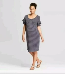 Isabel Umstands-Strickkleid Rüschenärmel T-Shirt marineblau & rosa gestreift Small [B25] - Bild 1 von 4