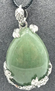 Necklace Green Aventurine Teardrop in Silver Tone Setting. Black Cord 18" w/1.5" - Picture 1 of 7