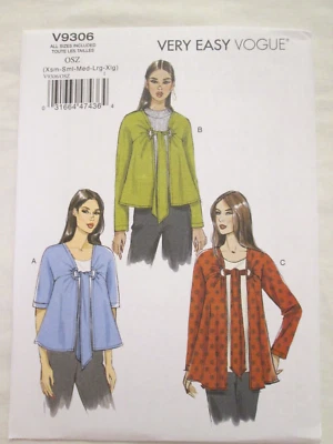 Vogue 9306 Very Easy Jackets Pattern Size XS-XL 4-22 Front Tie Long Short Sleeve - Image 1 of 2