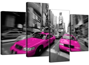 Large Black White Pink Taxi New York Canvas 130cm Wide Prints Set 4026 - Picture 1 of 9