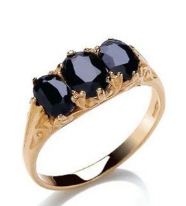 Real Sapphire Three Stone Ring Solid 9ct Yellow Gold Oval Trilogy Full Hallmark - Picture 1 of 4