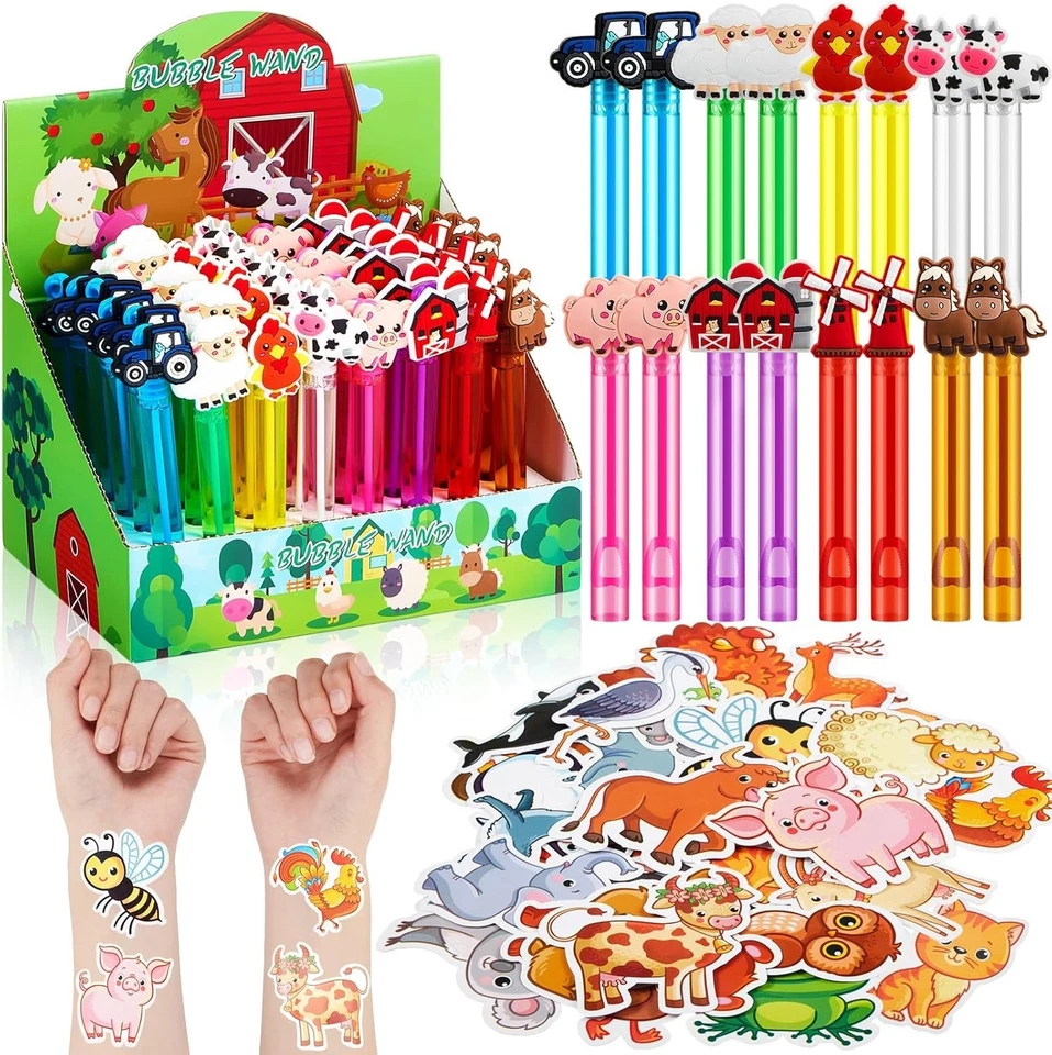 48 Piezas Favores de Fiesta de Animales de Granja | Mini Varitas de Burbujas y Tatuajes para Cumpleaños de Niños Foto 1 de 4