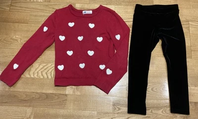 Niñas H&M & Crewcuts Conjunto Talla 4 - Rojo Calor Suéter con Terciopelo Leggings Usado en Excelente Condición Foto 1 de 4