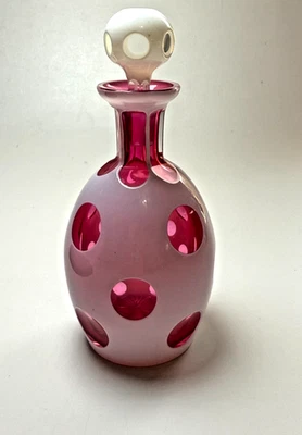 Vintage Bohemian Small Cased Glass Bottle White Cut Cranberry Coin Dot Perfume - Image 1 of 4