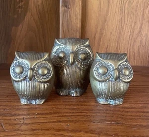 Brass Owl Figures Paperweights Vintage Russ Berrie Set of 3 - Picture 1 of 5