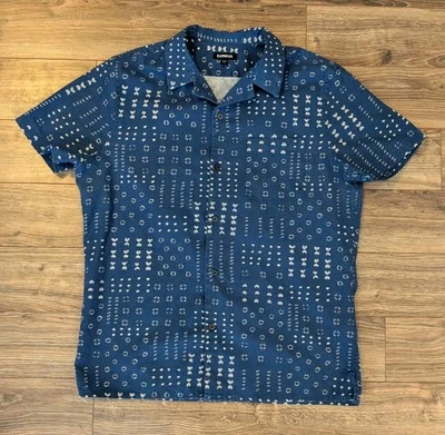 Express Bandana Print Shirt Mens Linen Blend Camp Collar Blue Button Up - M EUC - Image 1 of 4