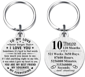 10Th Wedding Anniversary Keychain Gifts, Steel Engraved 10 Year Anniversary Deco - Picture 1 of 12