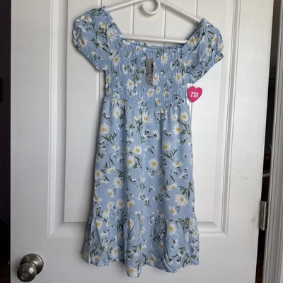 NUEVO NUEVO CON ETIQUETAS Vestido Campesino Floral Rayón Azul Margarita para Niños Lugar Niñas Talla 7/8 Foto 1 de 3