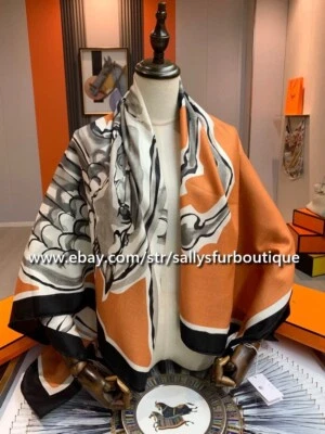 Sallys 70% Cashmere & 30% Silk Wrap Scarf Horse Wing Print Double Face Shawl 53" - Image 1 of 4
