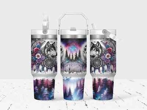Dreamcatcher Wolf 30 Oz Flip Straw Tumbler With Handle - Picture 1 of 3