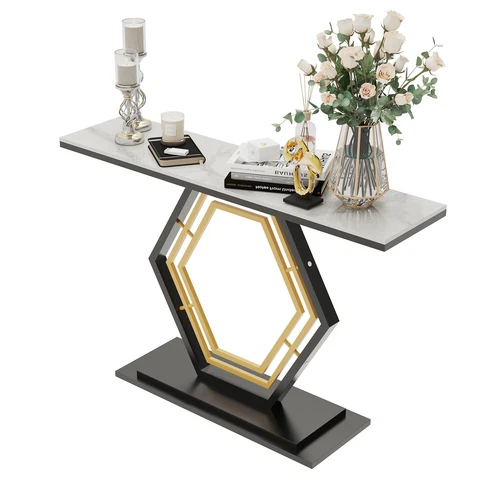Console Table Sintered Stone Top Narrow Entryway Sofa Side Table Geometric Base Cover