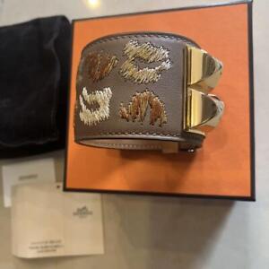"HERMES Leopard Embroidered Swift Leather Collier de Chien, Arzhan, Yellow Gold"