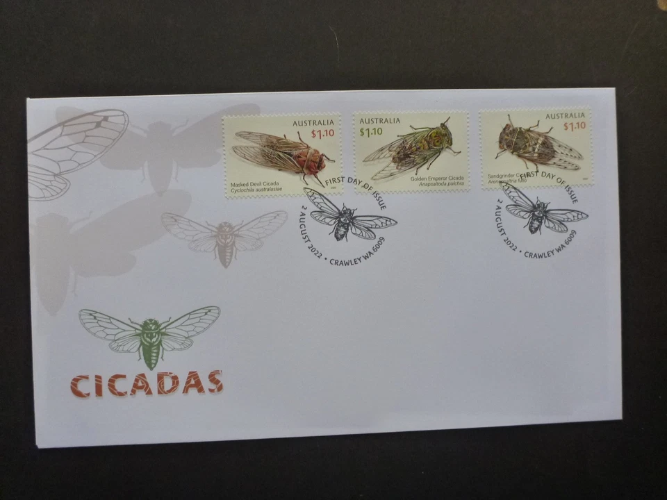 AUSTRALIA 2022 INSECTS- CICADAS SET 3 STAMPS FIRST DAY COVER - Image 1 of 1