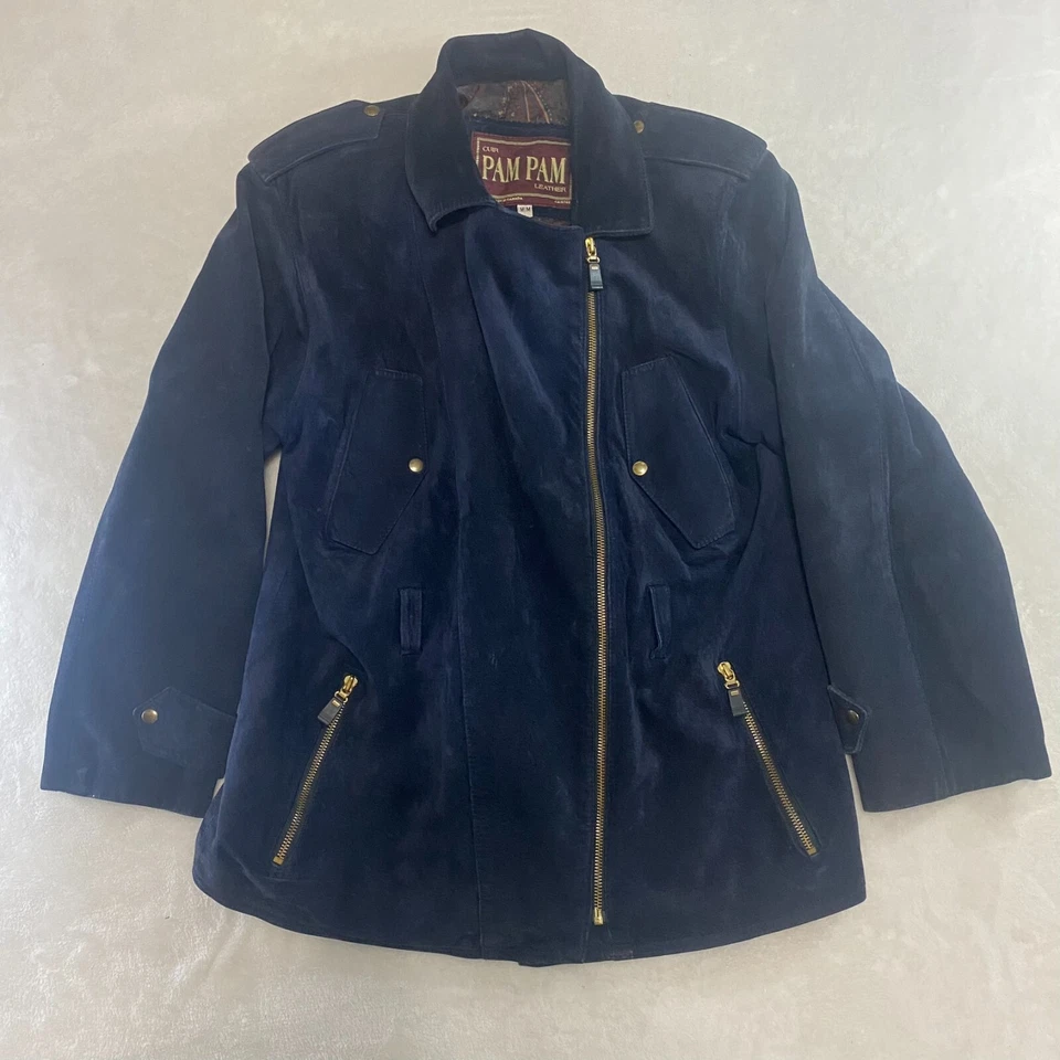 Chaqueta de Cuero Pam Pam Para Mujer Talla Mediana Cremallera Completa Azul Marino Forrada de Cachemira Ejército Retro Foto 1 de 4
