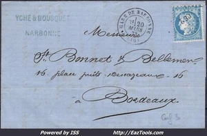 FRANCE N°60A SUR LETTRE AVEC AMBULANT CB2° + CAD GARE DE NARBONNE DU 20/03/1873 - Picture 1 of 2