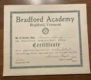 1939 Bradford Academy School Award Basketball Zertifikat Vermont VT signiert P7b - Bild 1 von 16