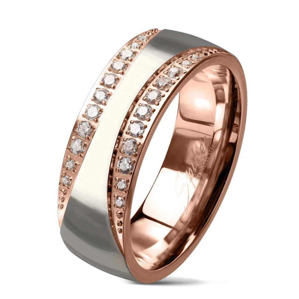 Rose Gold Plated Stainless Steel 0.18 Carat CZ Pinched Center Stripe Ring - Image 1 of 1