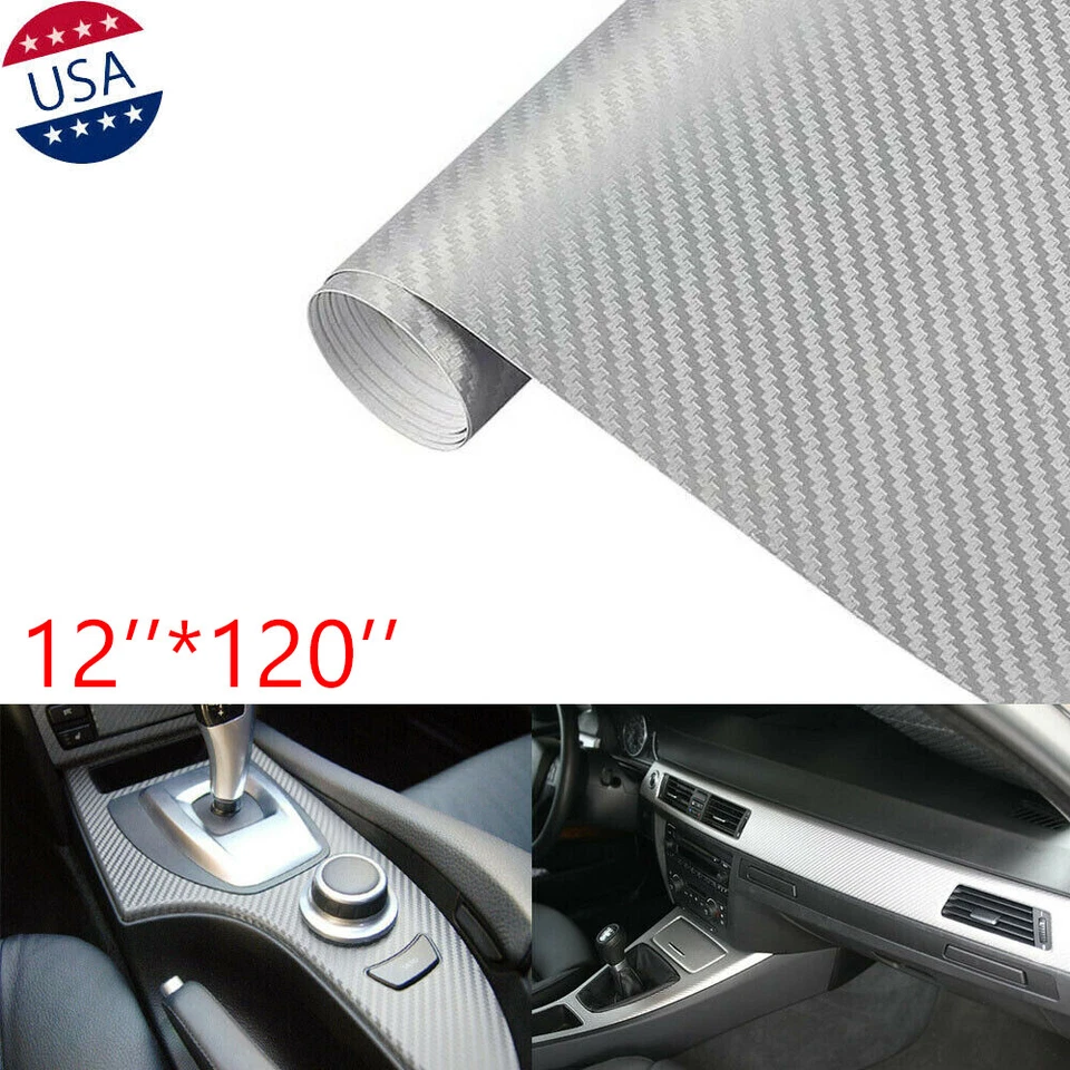 12'x120" Plata 3D Fibra de Carbono Vinilo Coche Hágalo Usted Mismo Envoltura Hoja Rollo Película Adhesiva Calcomanía Foto 1 de 4