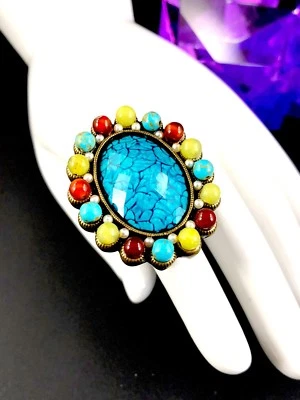 FABULOUS SIGNED OLLIPOP BRASS FAUX TURQUOISE STONE & SEED PEARL STATEMENT RING - Image 1 of 4