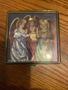 Buntglas Engel verspiegelt Schmuckschatulle Handarbeit Via Vermont Harfe Lamm Löwe - Bild 1 von 9