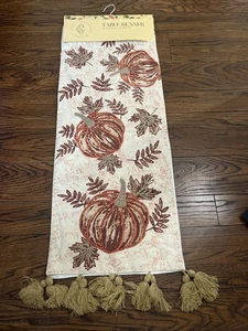SECRET CELEBRITY TABLE RUNNER PUMPKINS LEAVES ORANGE Embroidered 14 X 72 NWT - Picture 1 of 6