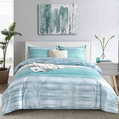 Queen Size Comforter Set, Blue, Grey and Teal Striped Pattern Print Reversibl... - Image 1 of 4