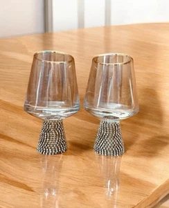 TWO CHRISTIAN SIRIANO RHINESTONE CORDIAL BAR WHISKEY SHOT GLASSES RIM 4 OZ - Picture 1 of 5