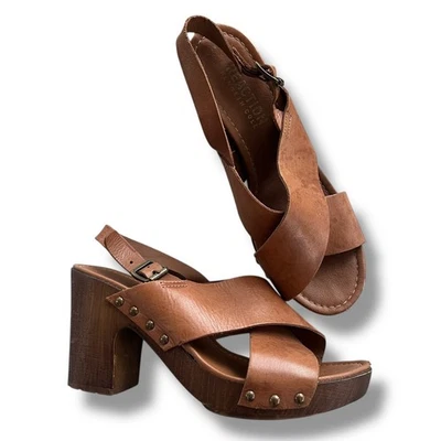 Sandalia Kenneth Cole REACTION Mujer 7.5 Cuero Tostado Madera Plataforma Troncos Cabina Tacones Foto 1 de 4