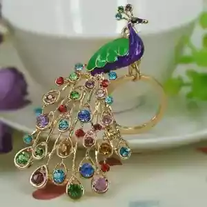 Peacock Rhinestone Keychain/Pendant Womens Gold Gift Box Purple - Picture 1 of 4