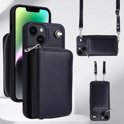 Funda tipo billetera a prueba de golpes con bandolera para iPhone 15 14 Plus 13 12 Pro 11 Pro Max Foto 1 de 4
