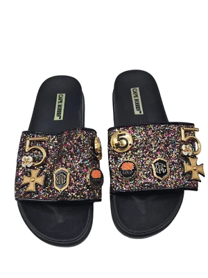 Cape Robbin Moira-25 Women Slides Glitter Metal Pendant Ornament Sandal Black 8 - Image 1 of 4
