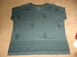 Camisa Top Mujer Dk Teal Flor PUREJILL Henley Manga Corta Tejida Mediana Pequeña - Imagen 1 de 1