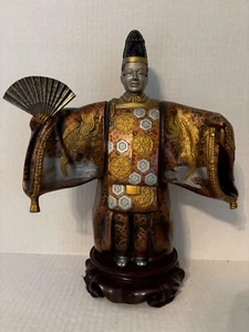 VINTAGE HEAVY METAL BRONZE/BRASS COLORFUL 7 LBS. JAPANESE KABUKI DANCER WITH FAN - Picture 1 of 15