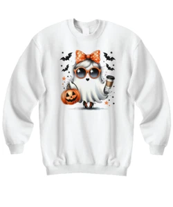 Halloween Sweatshirt, Fall long sleeve crewneck, with Cute Ghost, Bats, Pumpkin - Picture 1 of 3