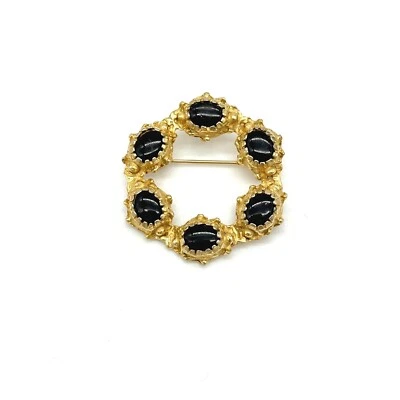 Vintage Gold Tone Brooch Black Cabochons Wreath Pin Costume Jewelry - Image 1 of 3