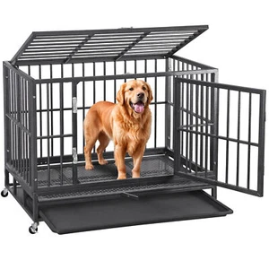Heavy Duty Metal Dog Kennel Double Door Big Dog Cage w/ Removable Dog Crate Tray - Picture 1 of 24