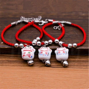 1pc Lucky Ceramic Fortune Cat Red Rope Bracelet Pendant Fengshui Blessing Gift - Picture 1 of 10