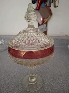 Vintage Indiana Glass Diamond Point Ruby Flash Pedestal covered Candy/Compote 12 - Picture 1 of 4