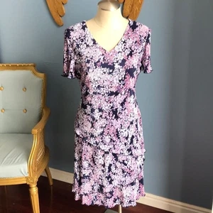 Connected apparel navy blue pink floral short sleeves layered stretchy dress S 6 - Picture 1 of 13