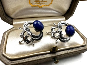 ANTIQUE STERLING SILVER ART NOUVEAU FREE FORM EARRINGS BLUE LAPIS LAZULI CABOCHN - Picture 1 of 20