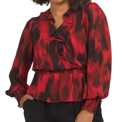 New Calvin Klein Elegant Women's Blouse Red Black Long Sleeve Plus Size 1X - Image 1 of 4