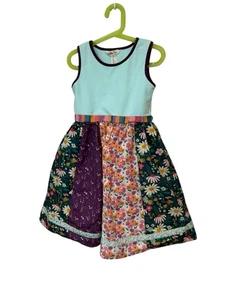 Matilda Jane Youth Girls Panel Dress Floral Plaid Back Bow Tie Cotton Size 8 - Picture 1 of 4