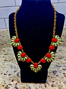 Collar Cadena Flor Vintage J Crew Verde Mar y Naranja con Estrás - 20" - Imagen 1 de 7